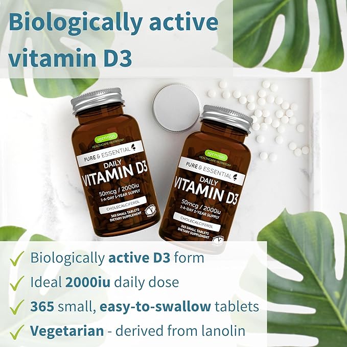 Daily Vitamin D3 + Super B12-Complex Vegetarian Bundle 365 2000iu Vitamin D3 Tablets + High Absorption Sublingual B12 by Igennus
