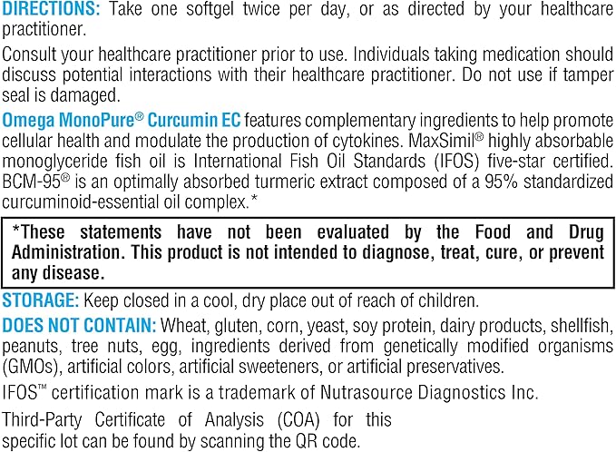 XYMOGEN Omega MonoPure Curcumin EC - Fish Oil with Enhanced DHA EPA Absorption + Turmeric Extract - Omega-3 Supplement for Cytokine Balance Support (30 Softgels)