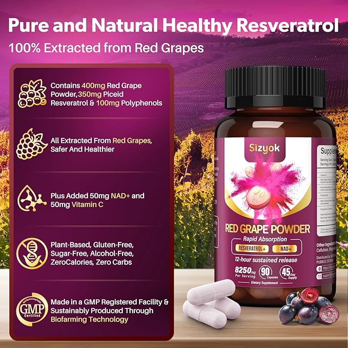 Piceid Resveratrol Supplement and NAD+ Cell Regenerator Nitric Oxide Supplement Support Heart Health Blood Flow Cellular Energy Production &amp Metabolism Red Grape Powder 45 Day Supply