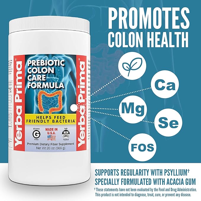 Yerba Prima Prebiotic Colon Care Formula 20 oz Powder with FOS - Natural Psyllium Fiber Magnesium Selenium - Non-GMO Gluten Free Vegan Daily Supplement - for Men &amp Women