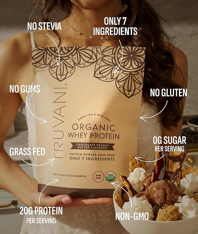 Truvani Organic Whey Protein Powder | Chocolate Peanut Butter | 20g Grass Fed Whey Protein | 20 Servings | USDA Organic &amp Non-GMO | Gluten Free | No Gums No Soy No Stevia No Added Sugars