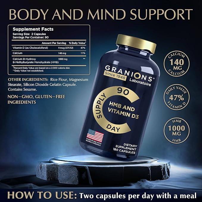 Vitamin D3 HMB Supplements for Men and Women - 1000 MG Calcium beta-Hydroxy beta-methylbutyrate per Serving - Daily Nutritional Support for Muscle Function and Bone Health - 3-Month Supply 180 Caps