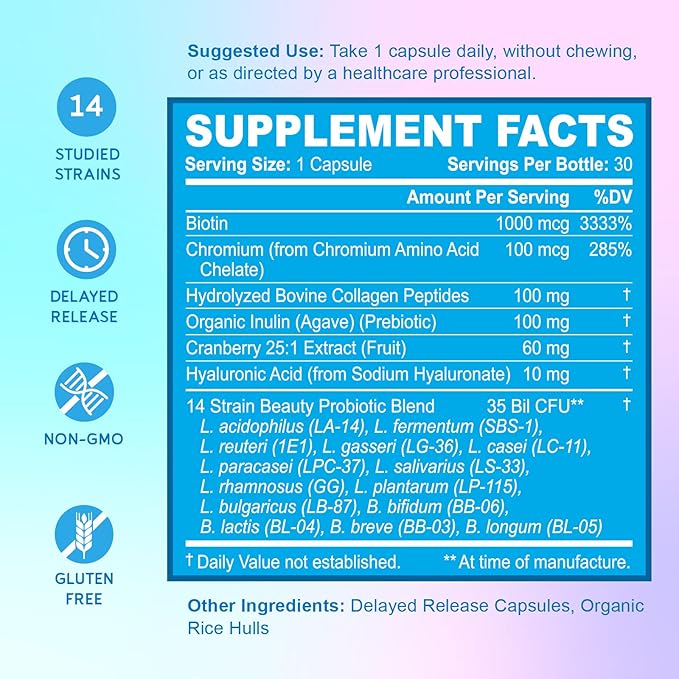 BioEmblem Beauty Probiotics for Women 35 Billion CFU 14 Strains with Biotin Collagen Prebiotics for Digestive Health Hair Skin and Nails Vaginal Probiotics Supplement Shelf Stable 60 Caps