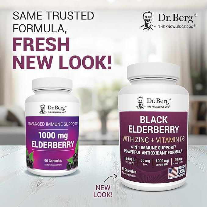 Dr. Berg Black Elderberry Capsules (Advanced Immune Support*) with 15000 IU Vitamin D 60 mg of Zinc &amp 90 mg of Camu Camu - (4-in-1) Sambucus Elderberry Immune Support Supplement - 90 Capsules