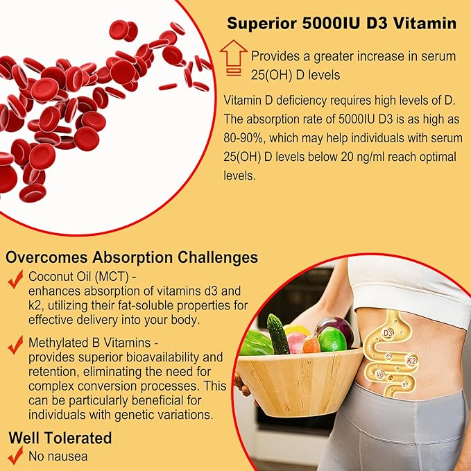 Vitamin D3 5000IU + K2 (MK-7) 120mcg Sugar-Free Vitamin D3 K2 Filled Gummies with Vitamin B Complex - Methyl B12 B9 B6 | Vitamin E &amp Zinc MCT Oil - Supports Bone &amp Teeth Strength Immune