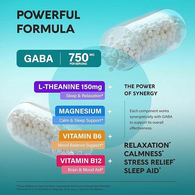 GABA L-Theanine 900 mg - Made in USA - Magnesium | Vitamin B6 - Calm Sleep Relaxation &amp Mood Support - 750 mg Gamma AminoButyric Acid 150 mg L-Theanine - Non-Habit Forming Vegan - 240 Capsules