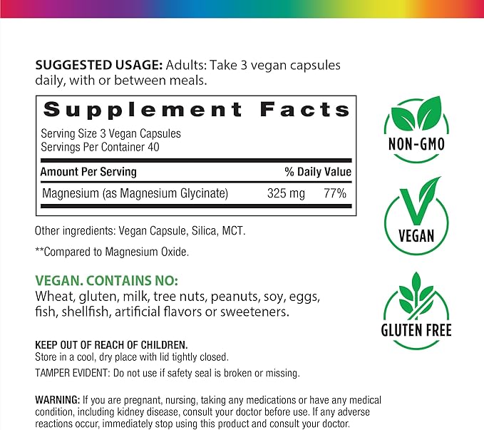 Rainbow Light Magnesium Glycinate 325 mg | 120 Capsules | High Absorption Chelated Form of Magnesium | Supports Nerve Bone &amp Muscle Health | Vegan Non-GMO and Gluten Free