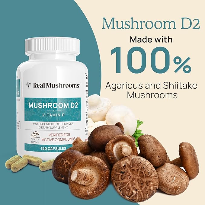 Real Mushrooms Vitamin D2 from Shiitake &amp Agaricus – Vegan Mushroom-Based D Supplement – Vitamins for Overall Wellness Support– Organic Non-GMO 1000 IU – 120 Count Functional Mushroom