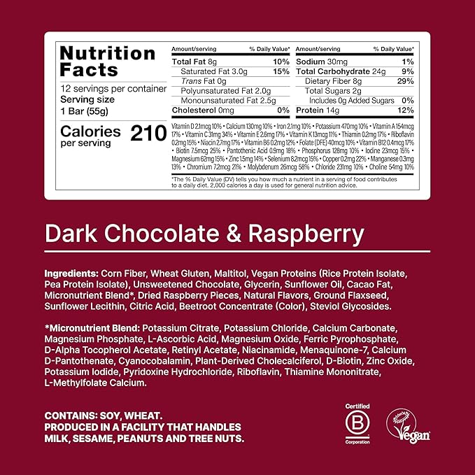 Huel Complete Nutrition Vegan Protein Bars | Dark Chocolate Raspberry | 13g Protein | 27 Vitamins &amp Minerals 2g Sugar Non-GMO 100% Plant Based Snack | 12 Pack