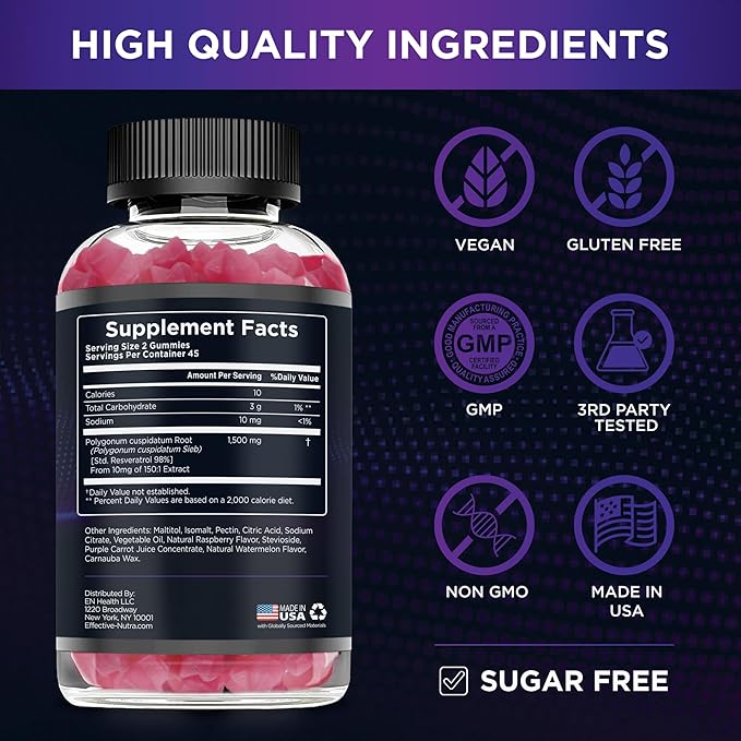 EFFECTIVE NUTRA Resveratrol Gummies 1500mg | Sugar-Free Supplement for Antioxidant Support Immunity Heart Health and Brain Function | 45-Day Supply Natural Berry Flavor Made in USA (90 Count)