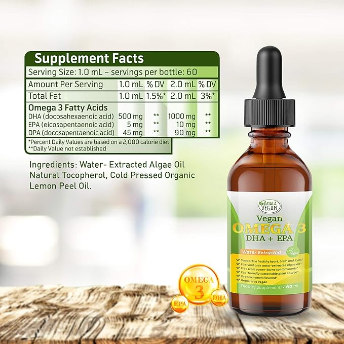 Potent &amp Organic Vegan Omega 3 Liquid Supplement: Better Than Fish Oil! Plant Based Water Extracted Algae Oil- DHA EPA DPA Fatty Acids- Non GMO- Supports Immune Heart Brain &amp Joint Health-60