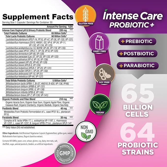 Vital Planet - Intense Care Vaginal pH &amp Urinary Probiotics for Women Plus Organic Prebiotics Postbiotics and Parabiotics 65 Billion CFU and 64 Strains Immune and Digestive Health 30 ct