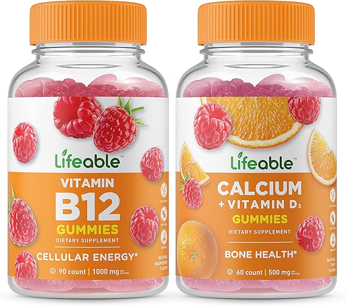 Lifeable Vitamin B12 + Calcium with Vitamin D Gummies Bundle - Great Tasting Vitamin Supplement Gluten Free GMO Free Chewable