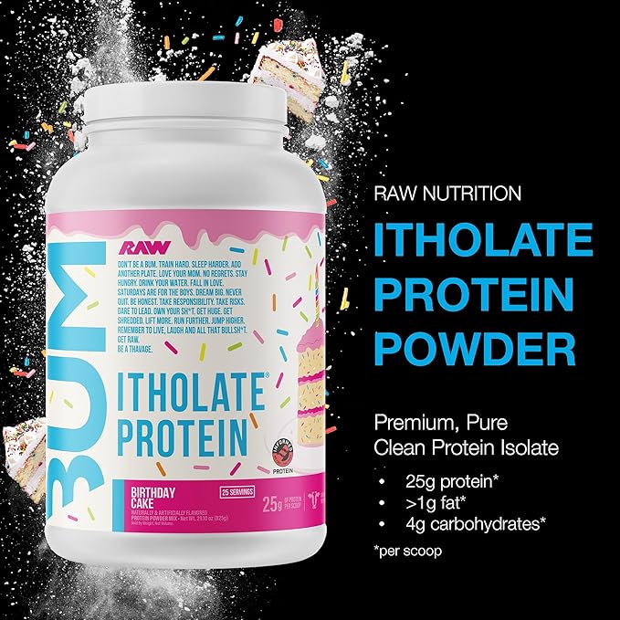 RAW Whey Isolate Protein Powder Birthday Cake (CBUM Itholate Protein) - 100% Grass-Fed Sports Nutrition Powder for Muscle Growth &amp Recovery - Low-Fat Low Carb - 25 Servings