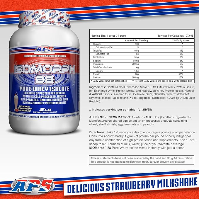 APS Nutrition IsoMorph 28 Protein Powder | Pure Whey Isolate | Cold Pressed Ultra- Filtered &amp Ion Exchange Isolates | 28g Protein | 2 Pound (Strawberry Milkshake)