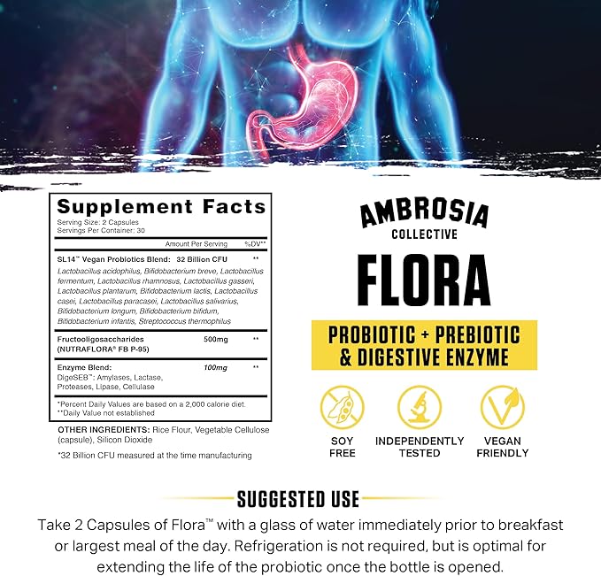 Ambrosia Flora Digestive Enzymes with Probiotics and Prebiotics Plant Based Gut Health Supplement 32 Billion CFU Vegan Probiotic for Digestive Health (30 Servings)