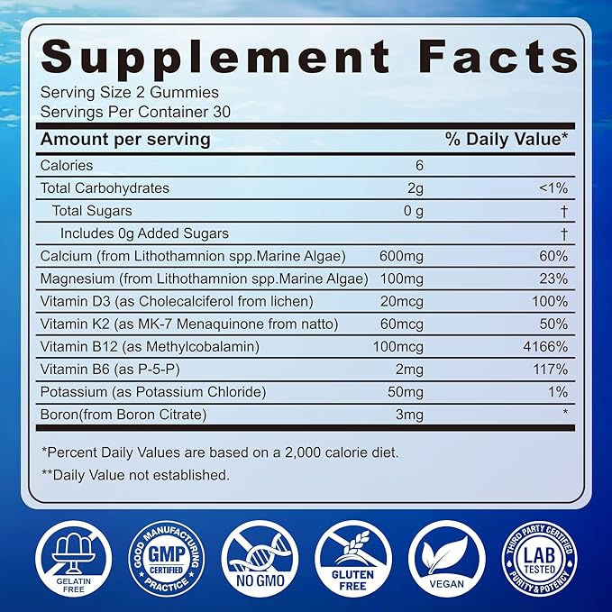 Calcium Gummies 600mg - Calcium Supplement for Women Ocean Algae Calcium | Vitamin D3 K2 Magnesium | for Bone Strength Muscle &amp Immnue | Sustainably Sourced Algae Calcium 70+ Mineral Vegan2