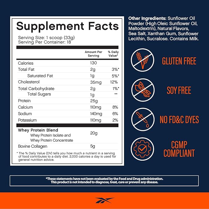 Reebok Whey Protein Powder + Collagen Peptides | 25g Protein with 9 Essential Amino Acids | Muscle Recovery Joint &amp Gut Support | Informed-Sport Certified | REEbuild Vanilla Ice Cream Flavor 1.3