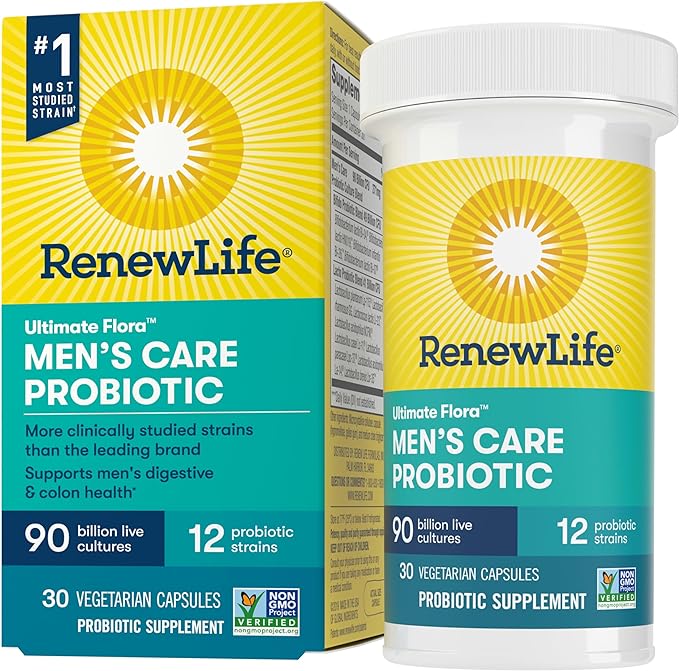 Renew Life Men's Care Probiotic Capsules Supports Mens Digestive Colon Immune and Respiratory Health L. Rhamnosus GG Dairy Soy and gluten-free 90 Billion CFU 30 Count
