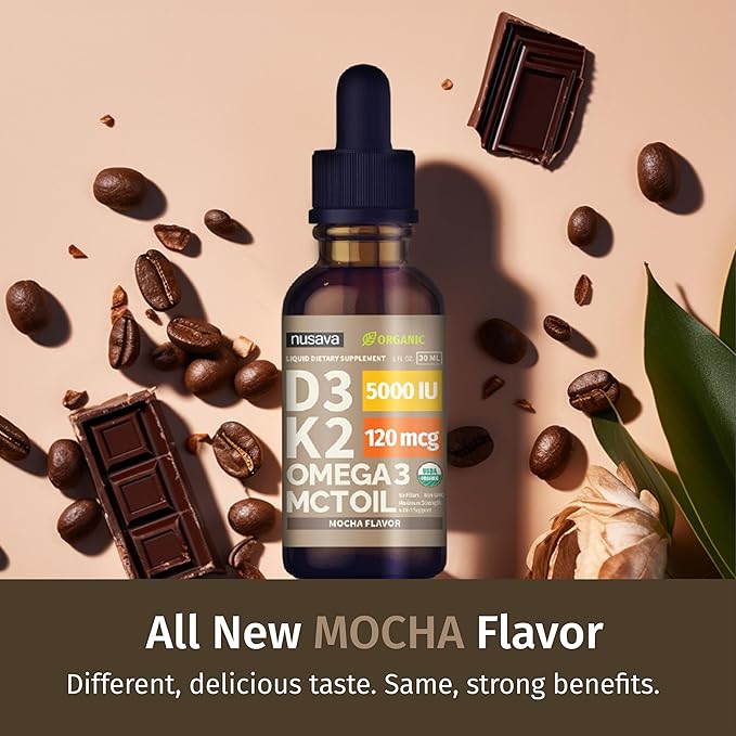 NUSAVA (2 Pack) Organic Vitamin D3 K2 Drops with MCT Oil Omega 3 5000 IU Maximum Strength Vitamin D Liquid No Fillers Non-GMO Liquid D3 for Faster Absorption and Immune Support (Mocha 2 Fl Oz)