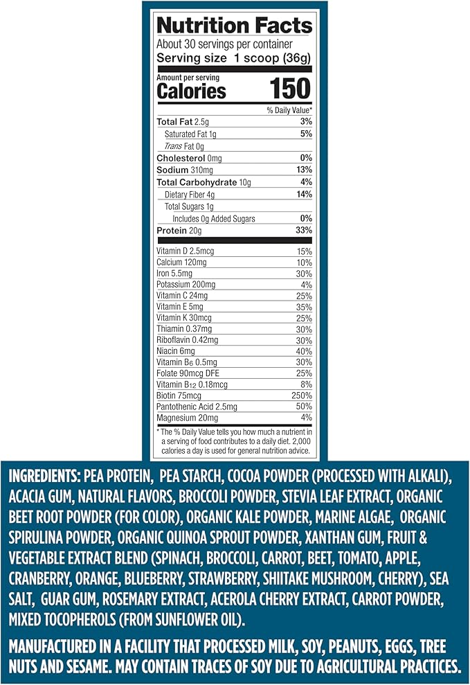 Vega Protein + Nutrition - 20g Plant-Based Pea Protein Chocolate 30 Servings Vegan Keto Superfood Antioxidant-Rich Gluten Free Dairy Free Low Carb 2.4lbs (Packaging May Vary)
