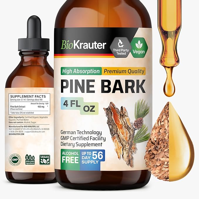 BIO KRAUTER® Pine Bark Extract for Circulatory &amp Antioxidant Support - Vegan French Maritime Pine Bark Herbal Supplements - Natural Antioxidants &amp Skin Support - 400 mg per Serving 4 Fl. Oz.
