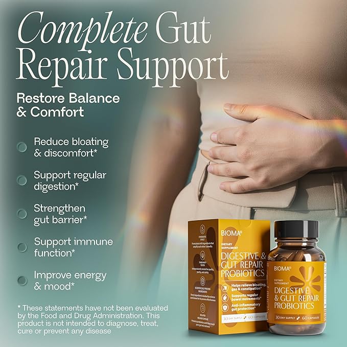 BIOMA Probiotics for Digestive Health 10 Billion CFU - 5-in-1 Gut Health Supplement with Prebiotics &amp Enzymes - Bloating Relief for Women &amp Men - Delayed Release (60 Capsules - 30 Day Supply)