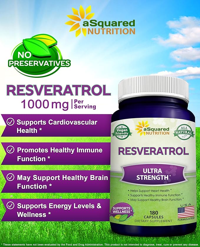100% Natural Resveratrol - 1000mg Per Serving Max Strength (180 Capsules) Antioxidant Supplement Trans-Resveratrol Pills for Heart Health &amp Pure Polyphenols