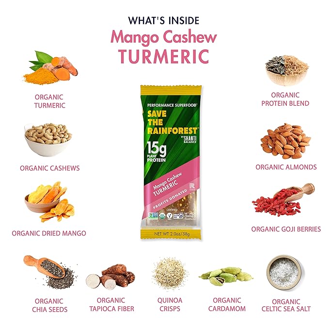 SAVE THE RAINFOREST by SHANTI BALANCE | Mango Cashew Turmeric | 15G Plant Protein | Organic Gluten Free Superfood | Gut Health Fiber | Immunity Boosting | Performance Nutrition | 12 Count 2 oz Bars