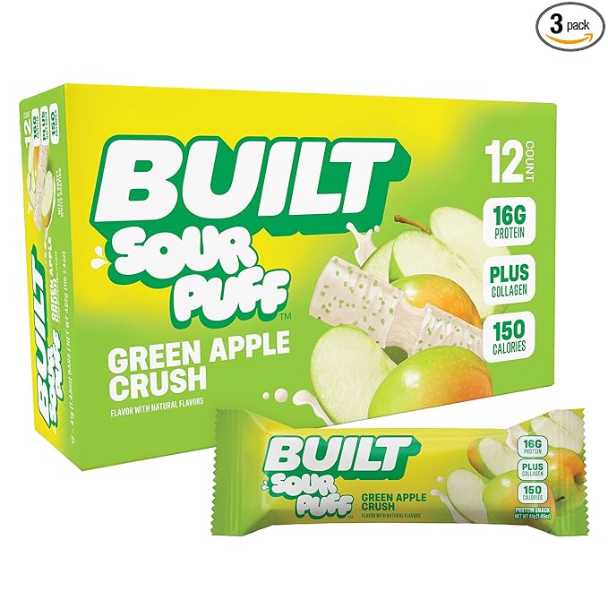 BUILT Bar Sour Puff Protein Bars - Green Apple Crush - 16g Protein Snack Bars with Collagen - Calorie Conscious &amp Gluten Free - 12 Count