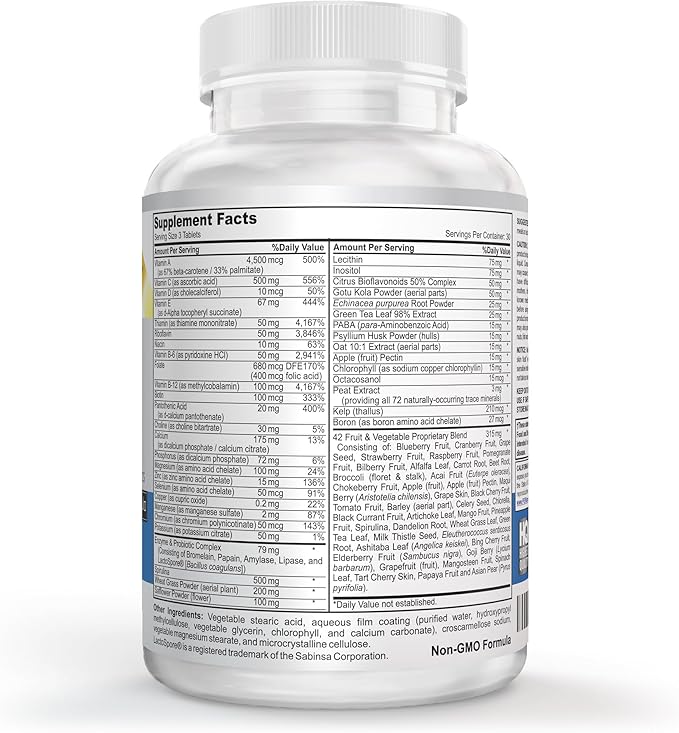 Vegan Whole Food Multivitamin &amp Mineral - Vitamins A B1 B2 B6 B12 C D3 E &amp 110 Super Foods Herbs Greens &amp Reds - Enzymes &amp Probiotics for Immune Support - Energy Boost - 90 Tablets