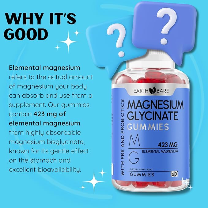 Magnesium Glycinate Gummies - High Potency Magnesium Supplement with Maximum 423mg of Elemental Magnesium Pre and Probiotics | Magnesium Bisglycinate for Superior Health Support | 60 Count