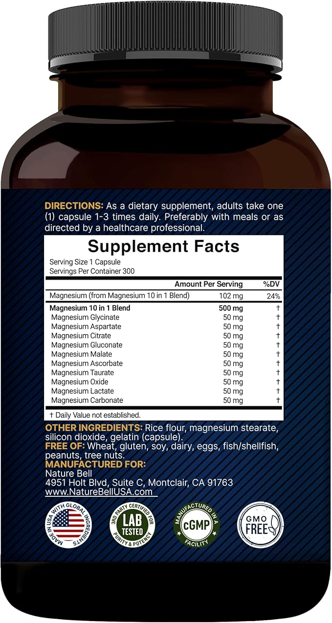 Magnesium Complex 500mg 300 Capsules | 10-in-1 Magnesium Glycinate Citrate Malate &amp More | Chelated Form for Easy Absorption | Non-GMO