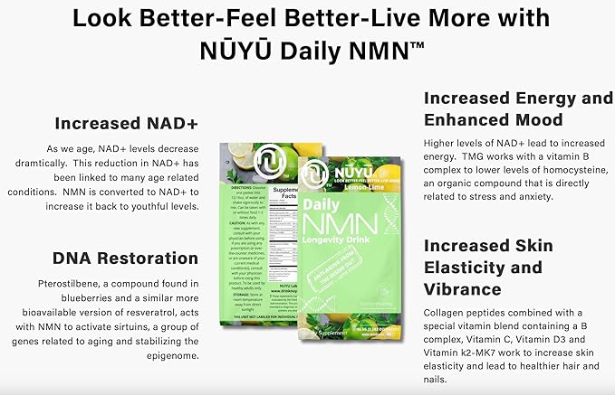 NUYU Labs Daily NMN Longevity Drink All-in-One Anti-Aging Supplement with Pterostilbene TMG Calcium AKG Collagen Peptides B Complex Vitamins B C D3 K2-MK7 (Lemon-Lime)
