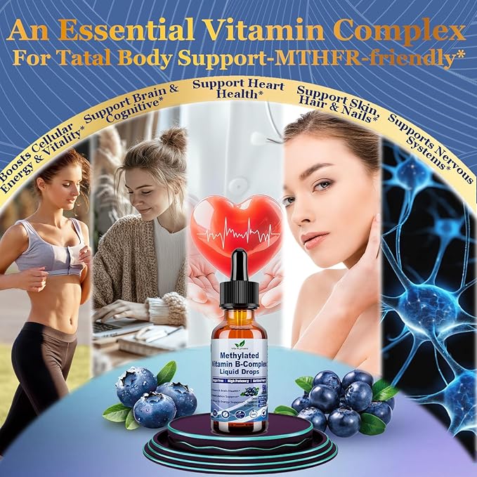 2 Pack Methylated B Complex Liquid Drops Complete 9-in-1 Methyl B Vitamins w. B12 Methylfolate Inositol Choline TMG Vitamin C E Super B-Complex Methylated for MTHFR Support Energy Mood Nerve Health1