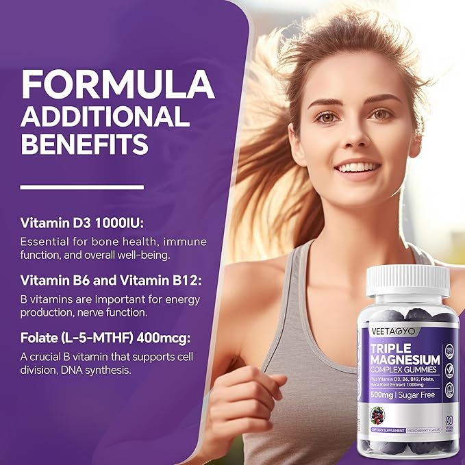 Magnesium Gummies 500mg 400mg | High Absorption Bone Nerves Muscle | 3 Forms of Magnesium Complex Supplement GlycinateTaurateMalate | Adults - VeganSugar Free120Cts