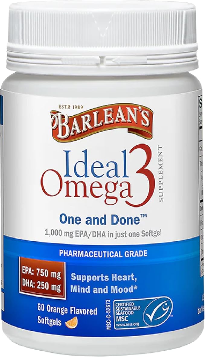 Barlean's Ideal Omega 3 Fish Oil Supplement 1000 mg Softgels Pharmaceutical Grade EPA &amp DHA for Brain Joint &amp Heart Health Orange Flavor 60 ct