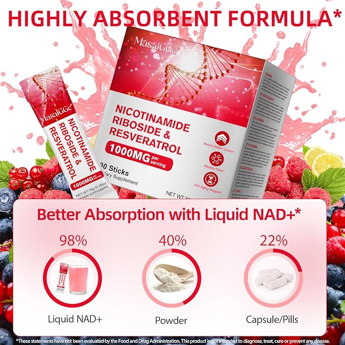 NAD 1000mg Liquid 30 Packets NAD Liquid Supplement NAD Supplements for Women Premium Nicotinamide Riboside &amp Resveratrol Boosts Cellular Energy
