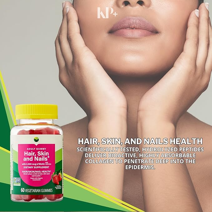 KP+ Hair Skin &amp Nails Biotin 2500 mcg | Adult Gummy Vitamins | Supports Healthy Hair Glowing Skin &amp Strong Nails | Strawberry Flavor | 60 Vegetarian Gummies | Non-GMO* | Pack of 1