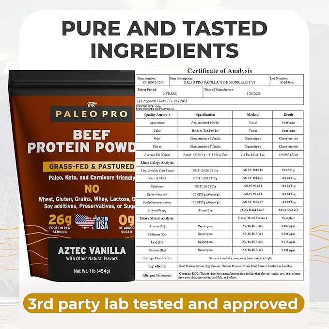 Paleo Pro 26G Beef Protein Powder - Pack of 2-30 Days Supply - Grass Fed Protein Powder Isolate - Pure Animal Based Pastured | Dairy &amp Gluten Free Natural &amp Clean Proteins for Paleo &amp Ket