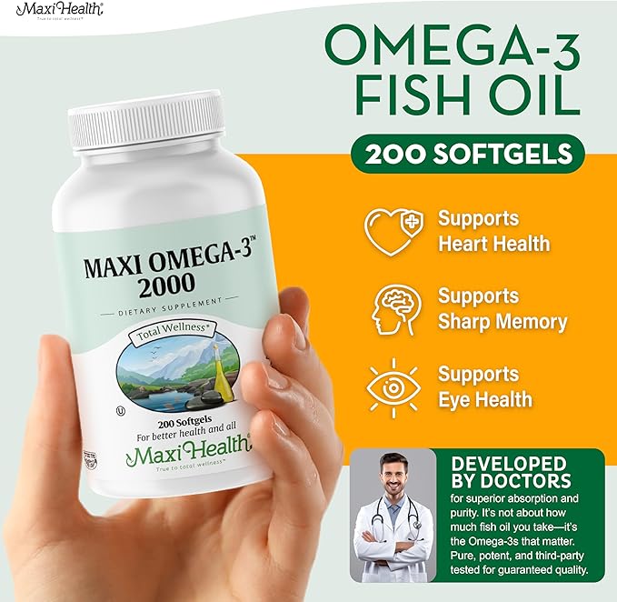 Omega 3 Supplement - Omega-3 Fish Oil 2000mg - Natural Source of EPA &amp DHA - Heart Brain &amp Joint Health - Kosher Certified Wild Caught Marine Fish - 200 Vegetarian Softgels by Maxi Health
