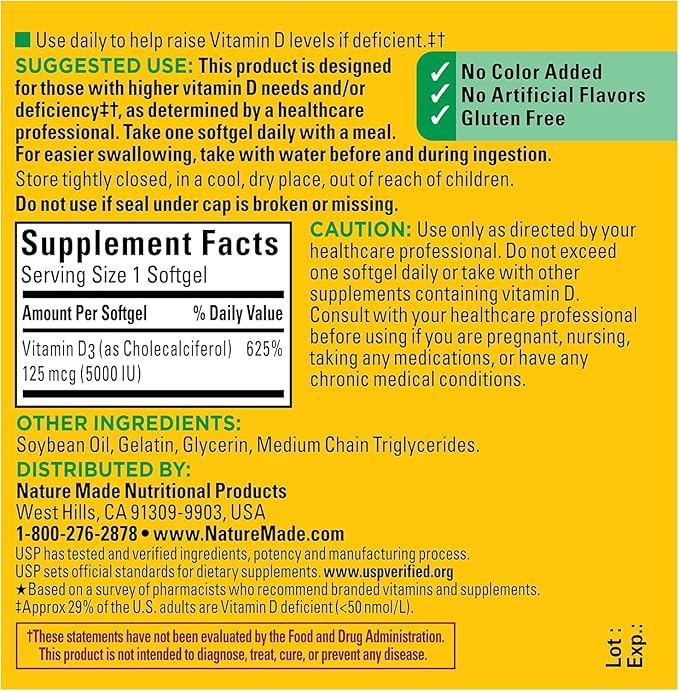 Nature Made Vitamin D3 5000 IU Liquid Softgels 90 ea (Pack of 2)