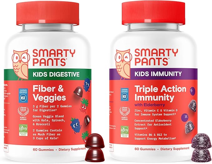 SmartyPants Kids Digestive &amp Immune Support Bundle: Fiber &amp Veggies + Elderberry Gummies with Prebiotic Fiber Vitamins C D3 B12 &amp Zinc – Gluten Free Non-GMO 60 Count Each (Pack of 2)