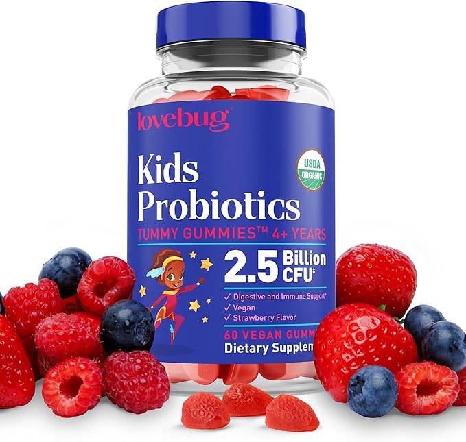 LOVEBUG Kids Probiotic Gummies – Organic Chewable Probiotics for Kids Aged 4+ Soil- Based Children’s Probiotic for Gut HealthConstipationDigestive &amp Immune Support Vegan 60 Chews Strawberry