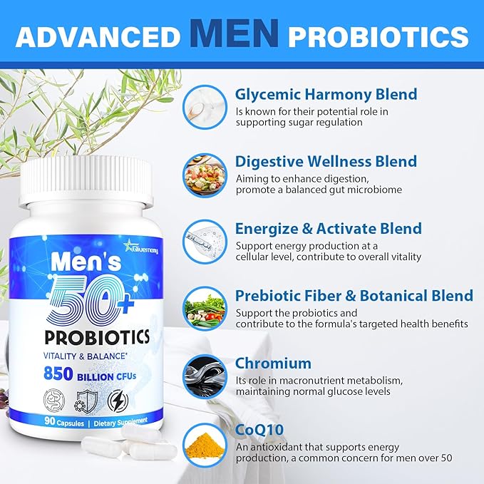 Probiotics for Men Advanced 50+ Mens Probiotic Comprehensive Gut &amp Energy Support with 850 Billion CFU 1800mg Prebiotics Fiber – Tailored Wellness Mens probiotics for Gut Health Over 50 360 Ca