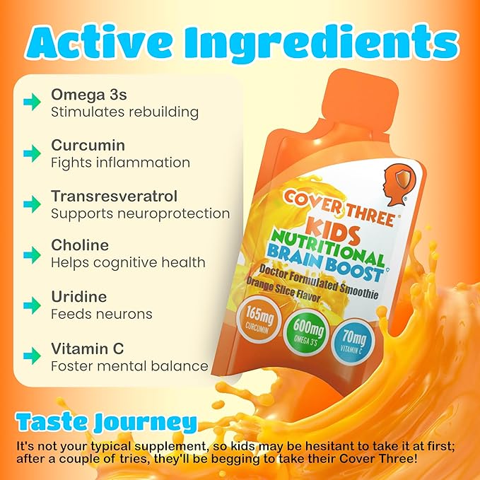 Cover Three Supplements for Kids Brain Supplement Smoothie Omega 3 Liquid Childrens DHA Fish Oil Kids Focus and Attention Emotional Support 20 Pouches Pack 1