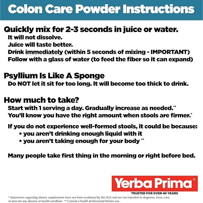 Yerba Prima Prebiotic Colon Care Formula 20 oz Powder with FOS - Natural Psyllium Fiber Magnesium Selenium - Non-GMO Gluten Free Vegan Daily Supplement - for Men &amp Women