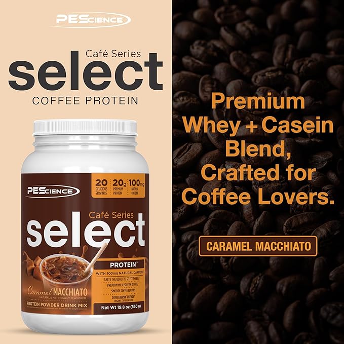 PEScience Select Cafe Protein Coffee Flavored Powder 100mg Caffeine 20g Iced Protein Coffee Powder or Creamer - Caramel Macchiato 20 Servings