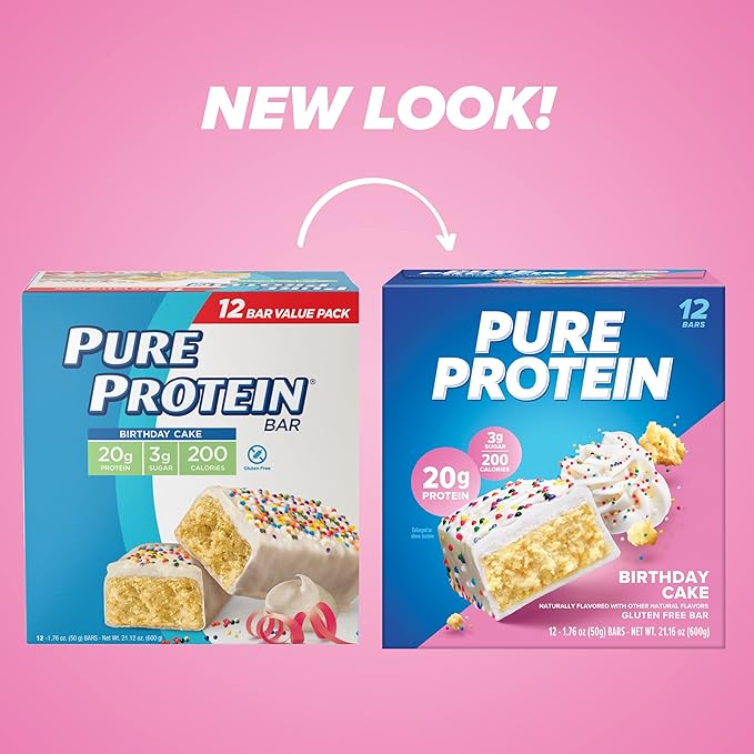 Pure Protein Birthday Cake and Galactic Brownie Protein Bars High Protein Nutritious Snacks 20g Protein Gluten Free Packs of 12