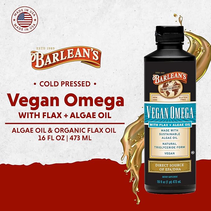Barlean's Vegan Omega Liquid Flax and Algae Oil Plant Based EPA DHA Supplement from Algal Oil and Organic Flaxseed Omegas 3 6 and 9 Fatty Acid Supplements 16 Ounces